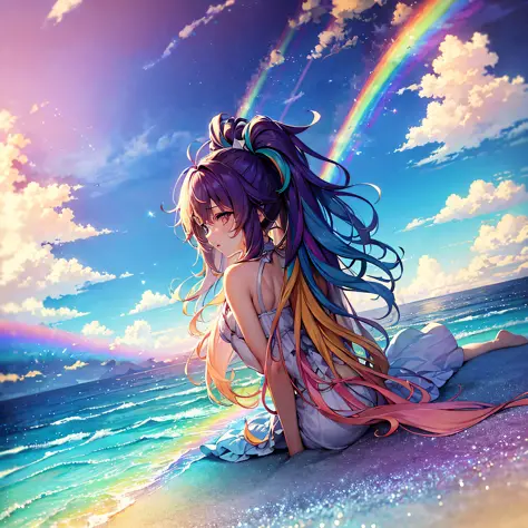 Ultra-detailed CG colorful clouds, color live screen, dreamy rainbow texture exudes a mysterious feeling, the posture is leisure...