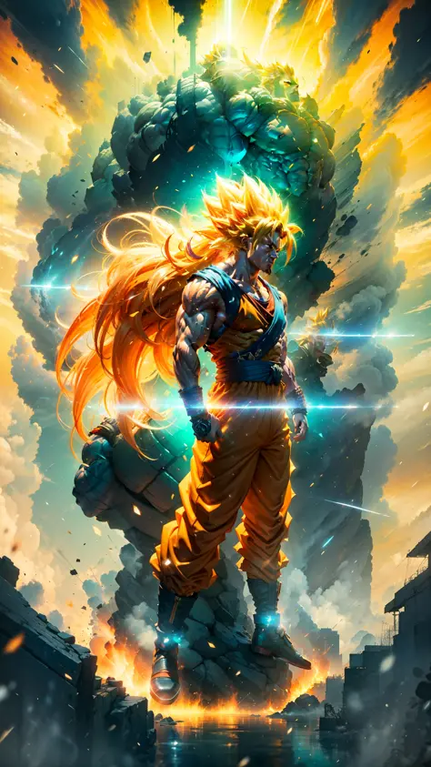 Goku super saiyan 3, Adult man with long neon golden hair extremely muscular, defined muscles full of veins, dark orange colored...