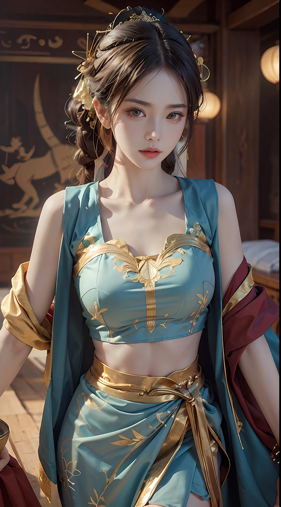 (RAW, Best Quality), Realistic, (Photorealistic Real: 1.3), Best Quality, High Detail, Masterpiece, Extremely detailed, Illustration, 1 25 year old goddess, upper body , Dynamic Angle, mess_long_hair, Best Quality, 8k Wallpaper, extremely detailed dunhuang uniform, Ink, Amazing, Cinematic Lighting, lens_flare, dunhuang_style, Sexy, Crop Top, Delicate Collarbone, Patterned Stockings, Gold Pattern all over body, an ancient goddess, ao dai style Han costume, dress dunhuang, (style dunhuang phi Thien: 1.8)