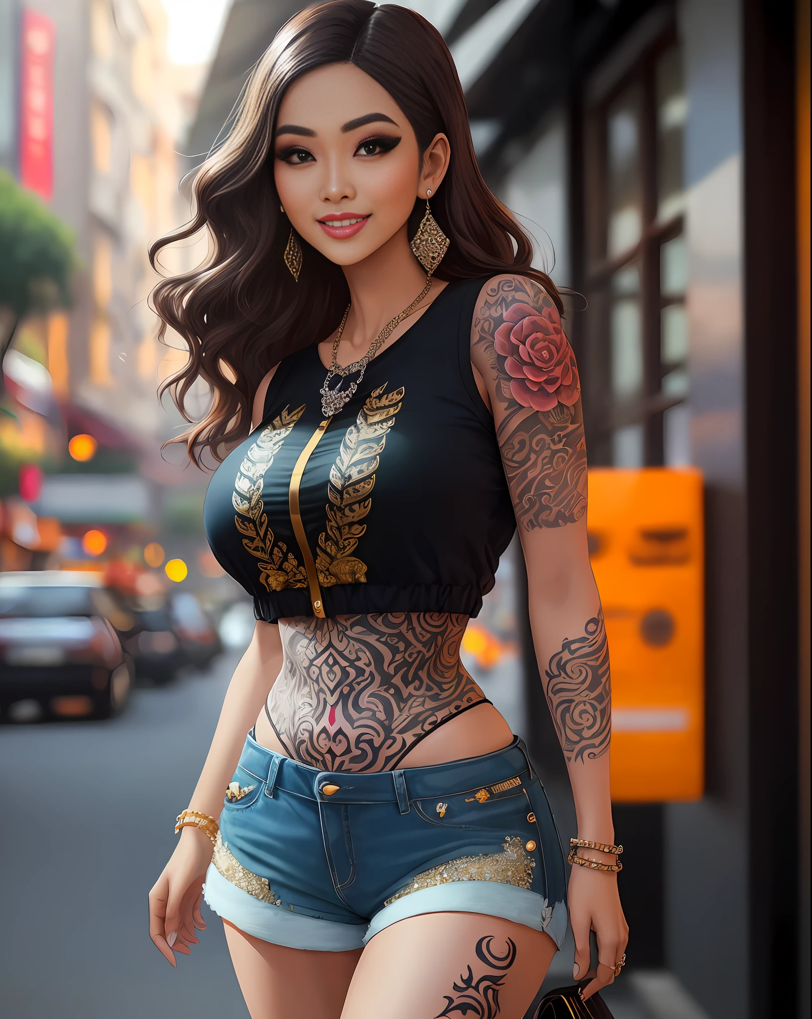 (masterpiece photography of a solo:1.2) alluring sexy tall curvy (27 yr old) Indonesian Supermodel Wina Dana Riniy warrier walking in style on a Tangerang street, big breast, sexy, exotics, (wearing Blingy jewel encrusted shirt & embroidered shorts:1.3). hip hop energy, maximalism, (heavily tattooed:1.3), (indonesian makeup & jewelry:1.2) long brown wavy hair with highlights,, vivacious, lustful glance, exhilarated (beautiful detailed eyes:1.1) , (flirty bright smile:1.2), blingy shopping district,(intense dramatic light:1.4), backlit, light rays, highly detailed, trending on artstation, paint splashes, rich colour, dazzling lights all around, (perfect wavy hairstyles), abstract portrait, by Atey Ghailan