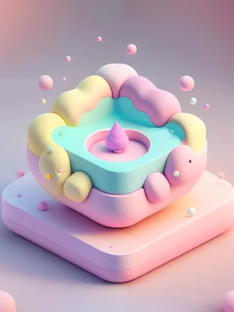 microworld, isometric view of cute kawaii keyboard, (pink, white, yellow, purple), cozy and pastel, lighting particle, dynamic light effect, futuristic, incredibly detailed, super resolution
