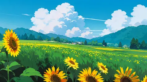 (((best quality))),blue_sky, cloud, cloudy_sky, condensation_trail, dandelion, day, field, flower, flower_field, holding_flower,...