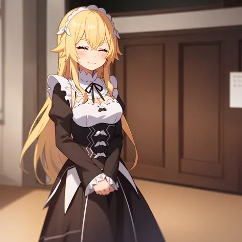 anime screenshot, 1 girl, roswaal mansion maid uniform, solo, blonde hair, long hair, maid, eyes closed, skirt grip, cleavage, s...