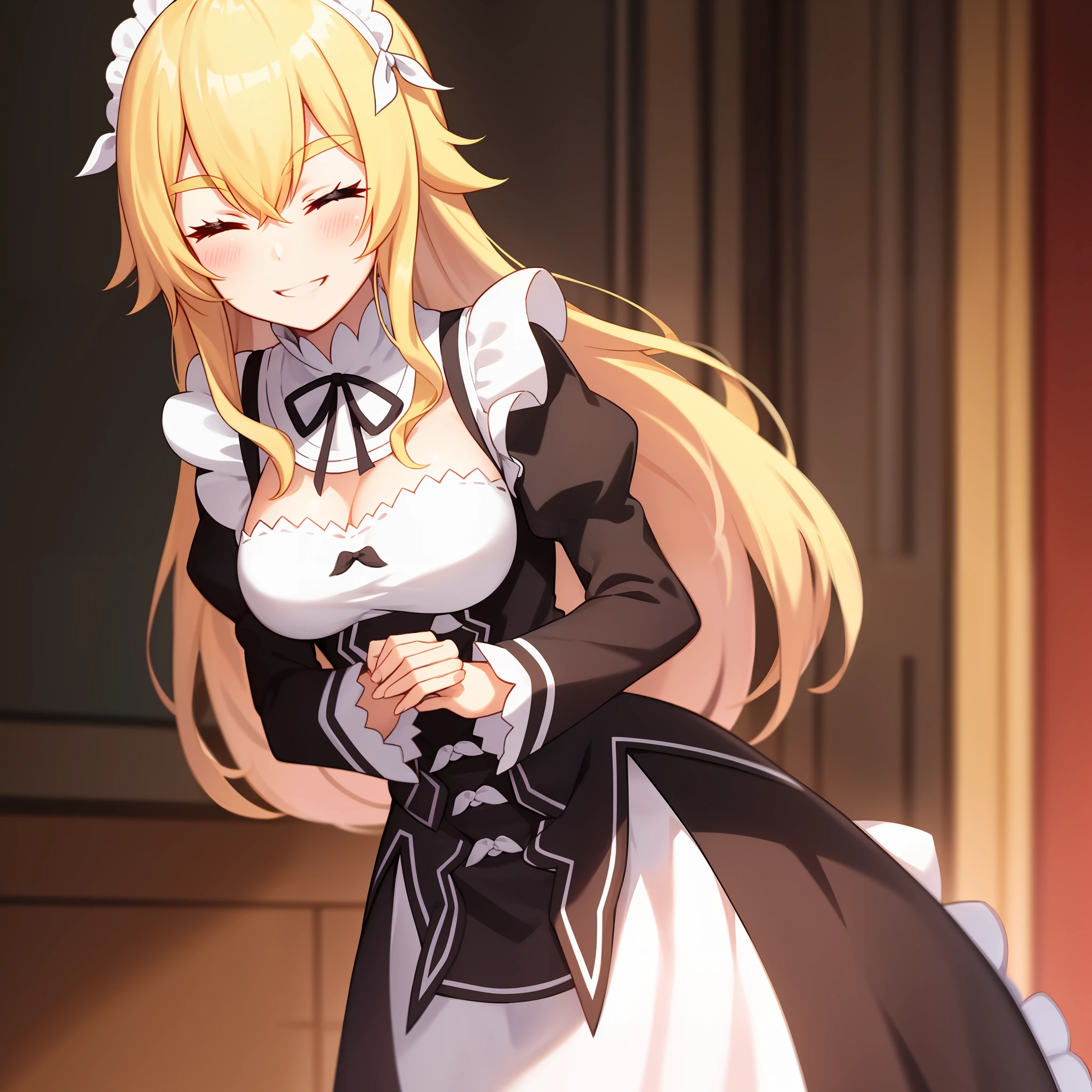 Anime Screenshot, 1 girl, Roswaal Mansion maid uniform, solo, blonde hair, long hair, maid, eyes closed, skirt grip, cleavage, smile, black ribbon, inside, hair between eyes, maid headdress, standing, skirt, bow, medium breasts, enmaided, white apron, long sleeves, apron, black skirt, HENTAI