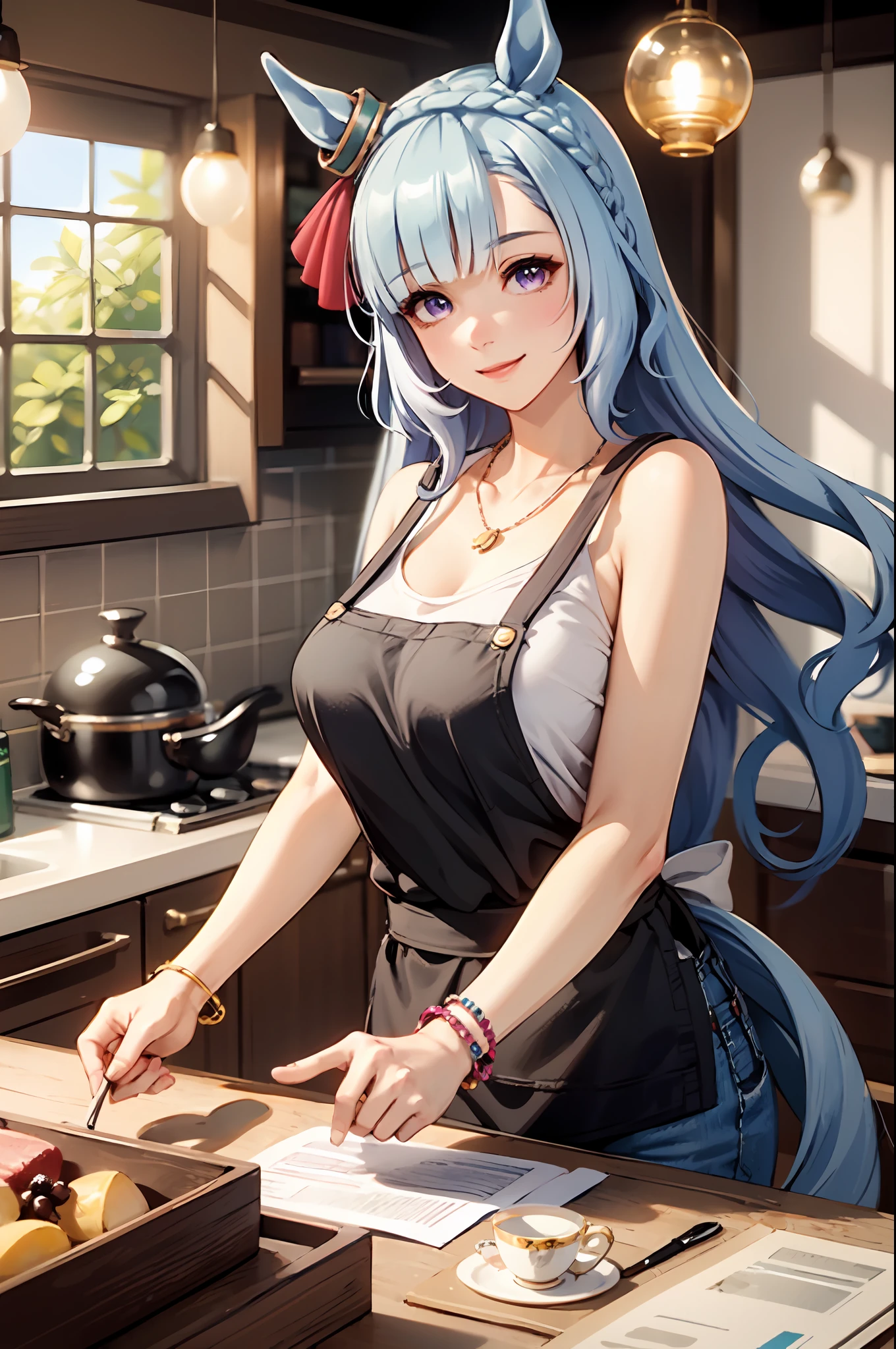 best quality,masterpiece, high res, beautiful detailed eyes,ultra-detailed, mejiro ardan \(umamusume\), ear ornament,horse ears, horse tail, light smile, trousers, white tank top under apron, bracelets, jewellery, casual, necklace, holding a teacup, summer, night, kitchen