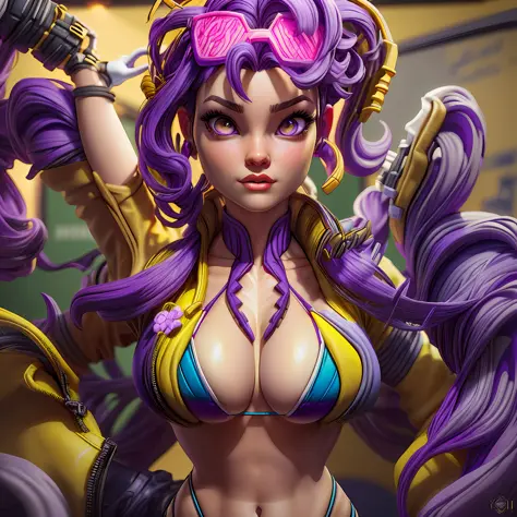 Jubilee wearing an (((open yellow jacket))), in a class room, blackboard, (((white girl))), (white skin:1.25), long purple hair in all background, (((extra long hair))), purple hair with ponytail, (paris brun) eyes, pink (((micro bikini))), exposed shoulde...