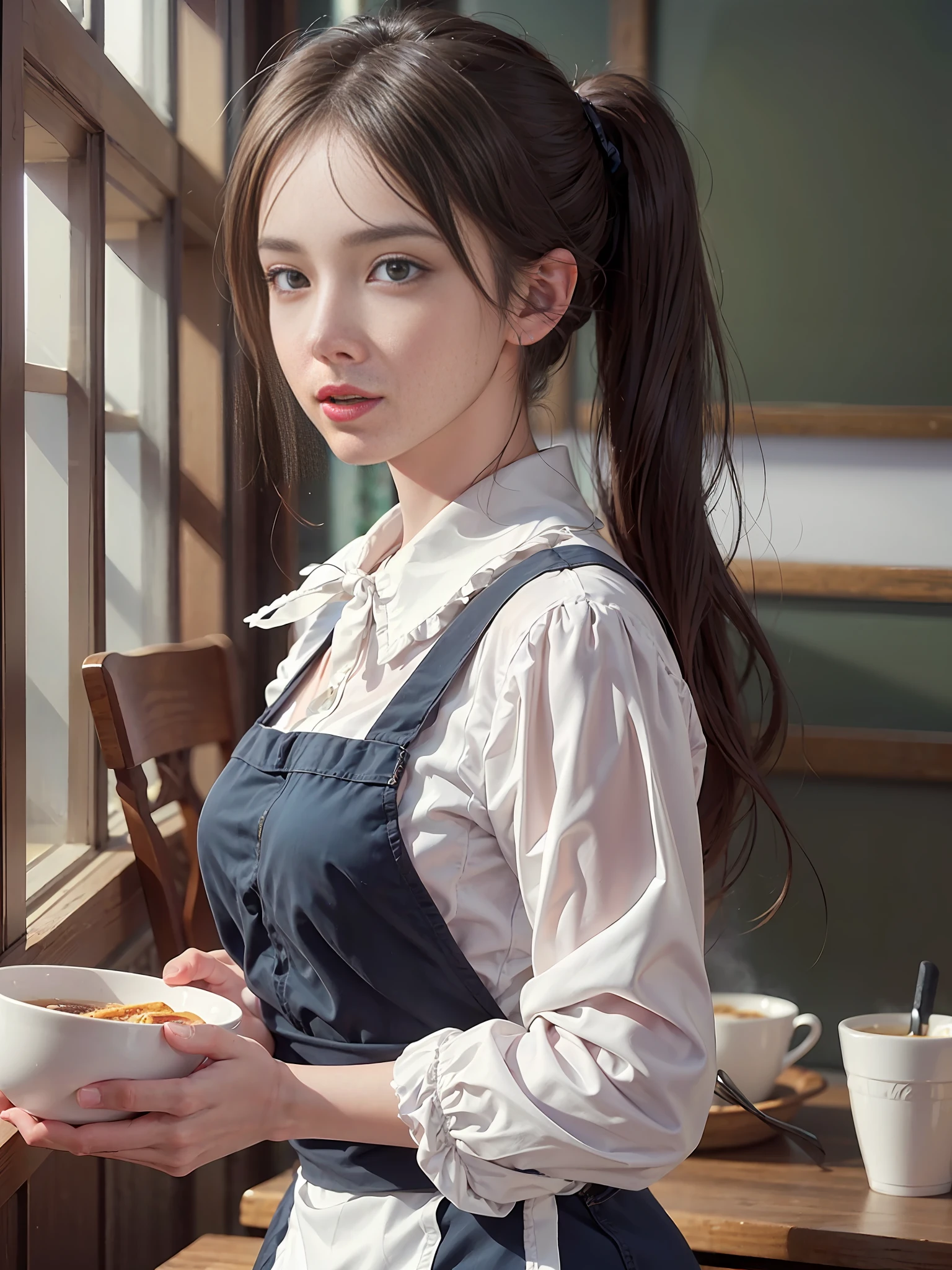 mature barista woman, (masterpiece: 1.3), (8k, photorealistic, RAW photos, best quality: 1.4), (1girl), shallow depth of field, focused face, soft focus, beautiful face, pearl pink shiny lips, (backlight: 1.5), (surroundings: 1.3), (realistic face), (black hair, medium short: 1.3), Loose wavy hair, Short bangs, Ponytail, Pigtails, Braids, Realistic eyes, Dark brown eyes, Pupil highlights, Beautiful detail eyes, Dark brown eyes, (plenty of natural light), (Realistic skin), Beautiful skin, (blouse with white collar), (apron), (carrying tray), absurd, attractive, ultra high resolution, ultra realistic, high resolution, golden ratio, Detailed café dining background, blackboard menu, backlight from back window, pale skylight with natural light, natural light lighting from diagonally front of face, (small head), (small), perfect anatomy