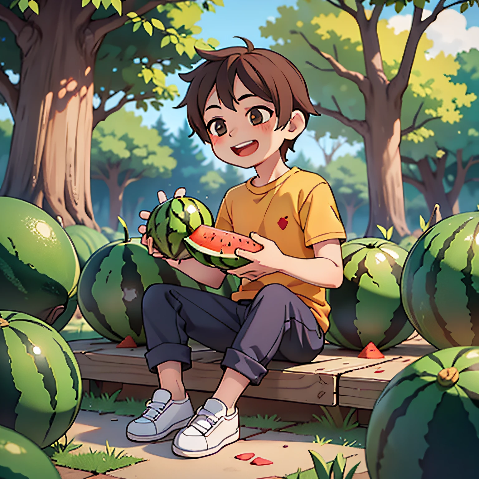 masterpiece, best quality, ruit,1boy, solo,eating,holding watermelon, (more Cut Watermelon:1.2),yellow shirt, male focus, brown hair, shirt, pants, holding, open mouth, sitting, smile, short sleeves, white footwear,sky,forest, dog,