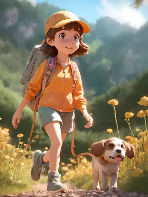 cartoon girl walking with a dog on a trail in a field, small character. unreal engine 5, animation style render, atey ghailan 8 ...