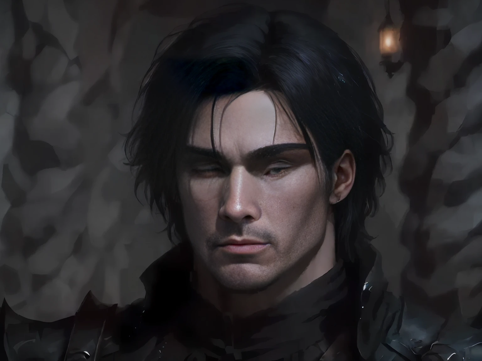 Create the face of a character I'm thinking of He has blue eyes, black hair, beautiful face, perfect nose, perfect lips, hair style kind of large on the side similar to Dante's hair from Devil May Cry, looking to be about 32 years old with a well-made black beard, 4K --auto