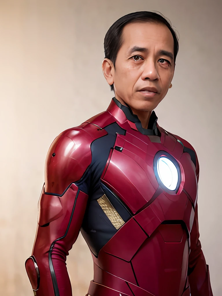 4k, beste Qualität, Meisterwerk, ultrahohe Auflösung, schöne Beleuchtung, (realistisch, photo-realistisch:1.4), realistisch background,  jokowi, 1 Mann, 50 Jahre alt, ernst, Ironman Offene Maske, Stehendes Porträtfoto, langer Schuss, Weitwinkelaufnahme, Ganzer Schuss