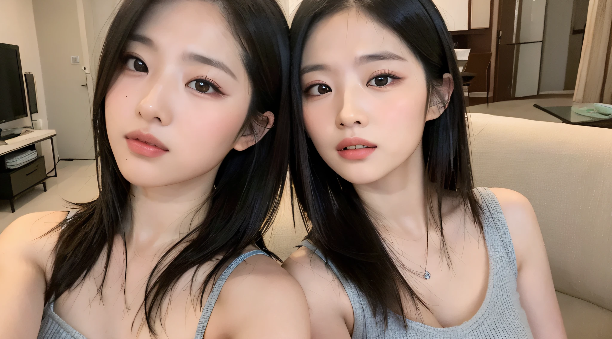 Two asian women are posing for a selfie in a living room - SeaArt AI