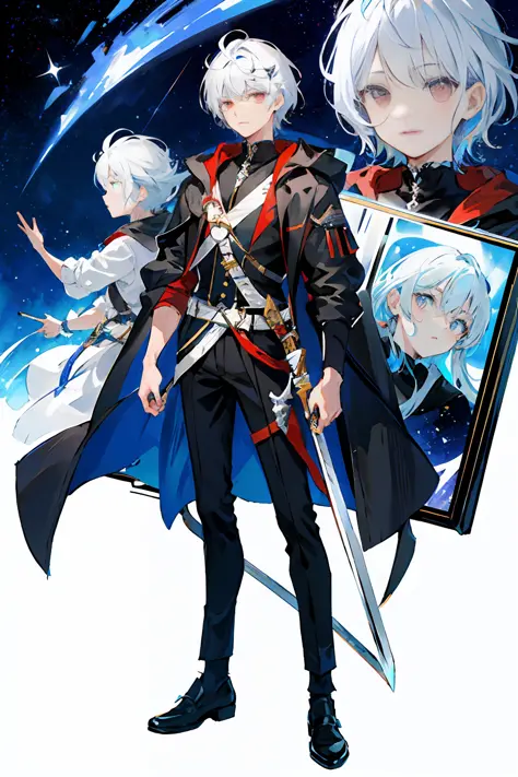 Charter layout, full body, upright, semi-floating, boy holding a sword, white hair and red eyes, fancy dress, detail clothes, st...