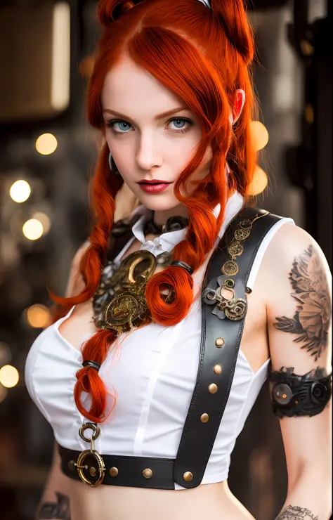 a redhead steampunk android girl, (white top: 1.2), big breasts, black and blue leather, tattoo, hyper-detailed, ultra-sharp, long red hair in pigtails, 8k, (insanely detailed:1.5), full-body shot, 20 megapixels, canon eos r3, detailed skin, pale skin