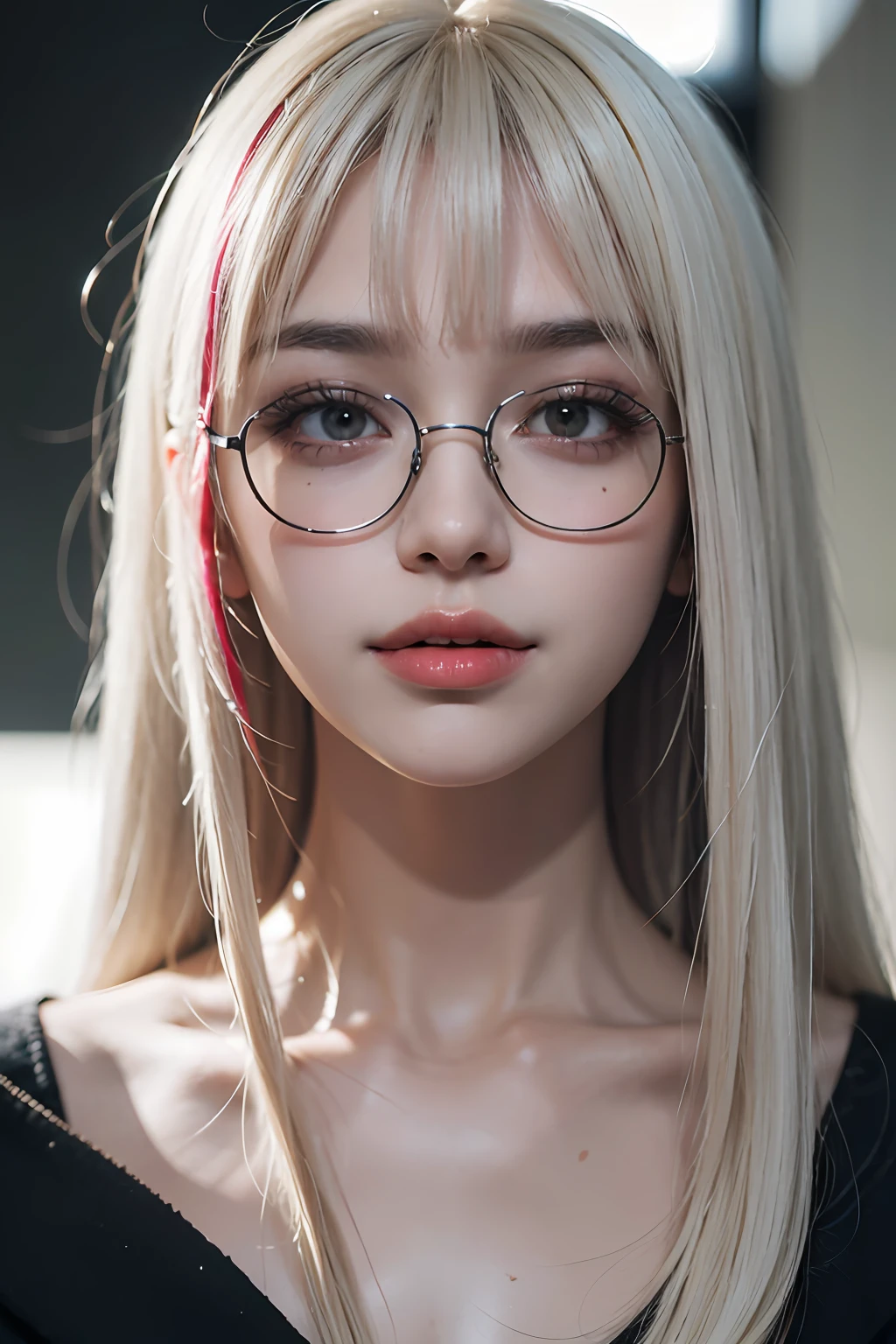 (8k, RAW, photorealistic: 1.25), ((hairs of streaked white)))))), (thin lip gloss, thin eyebrows, eyelashes, tear bags, snappy bangs, shiny face, shiny skin, best quality, ultra high resolution, depth of field, chromatic aberration, caustics, wide lighting, natural shading, Kpop idol) glasses, calm, Raking up one hair with hand, long hair, smile, little devil, in the house