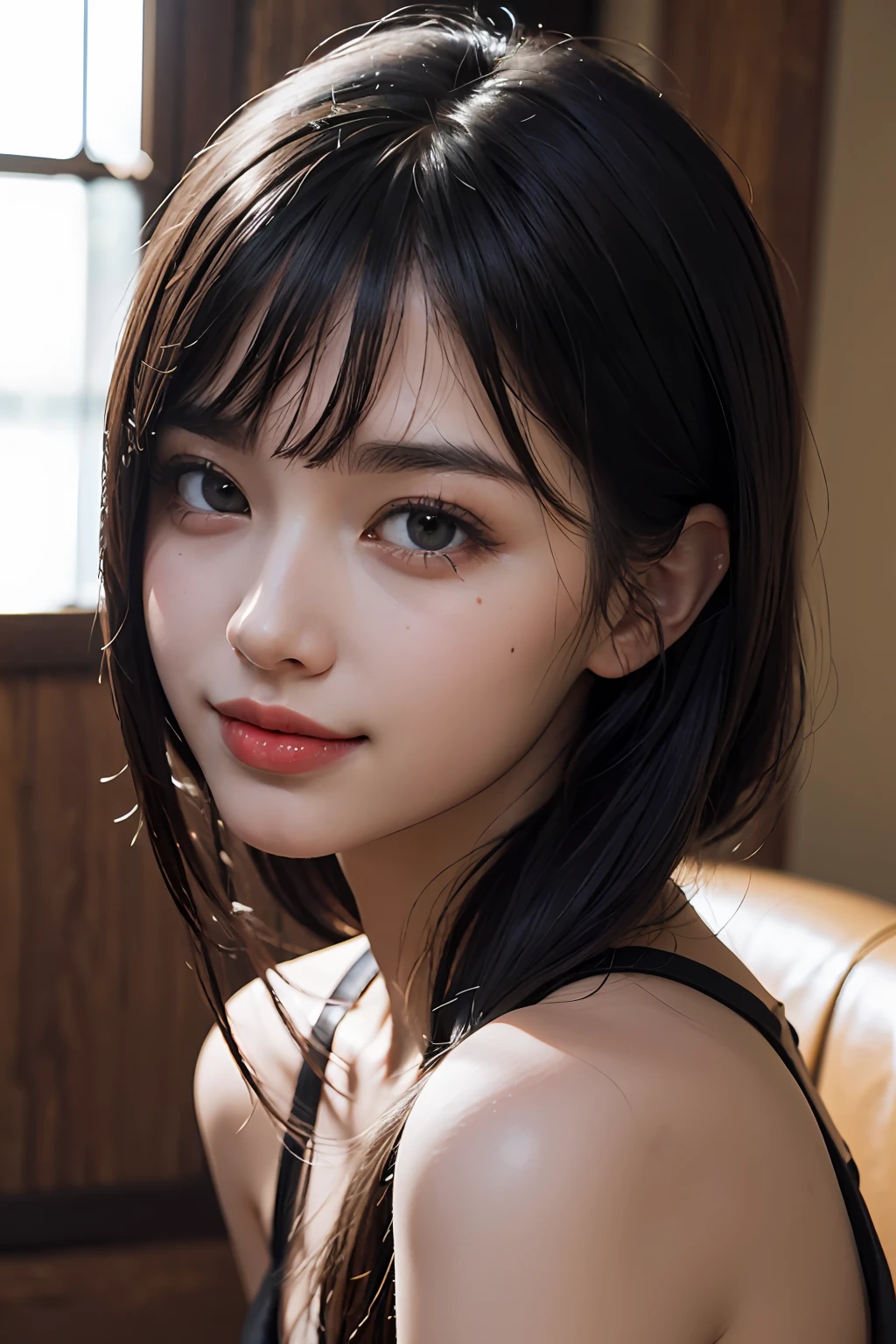 (8k, RAW, photorealistic: 1.25), ((hairs of streaked white and black)))))), (thin lip gloss, thin eyebrows, eyelashes, tear bags, snappy bangs, shiny face, shiny skin, best quality, ultra high resolution, depth of field, chromatic aberration, caustics, wide lighting, natural shading, Kpop idleGlasses, calm, raking up one hair with hand, long hair, smile, little devil, in the house