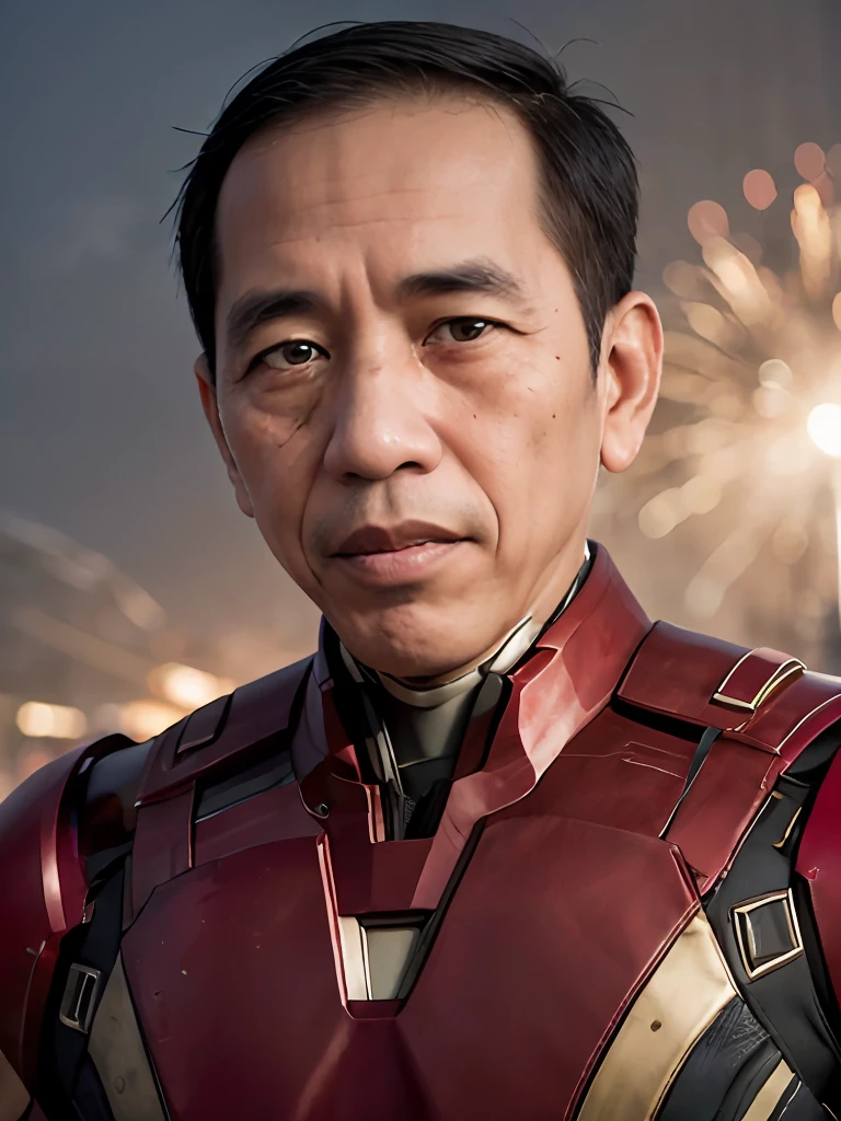 4k, beste Qualität, Meisterwerk, ultrahohe Auflösung, schöne Beleuchtung, (realistisch, photo-realistisch:1.4), realistisch background,  jokowi, 1 Mann, 50 Jahre alt, ernst, Ironman Offene Maske, Stehendes Porträtfoto, langer Schuss, Weitwinkelaufnahme, Ganzer Schuss, Explosionshintergrund