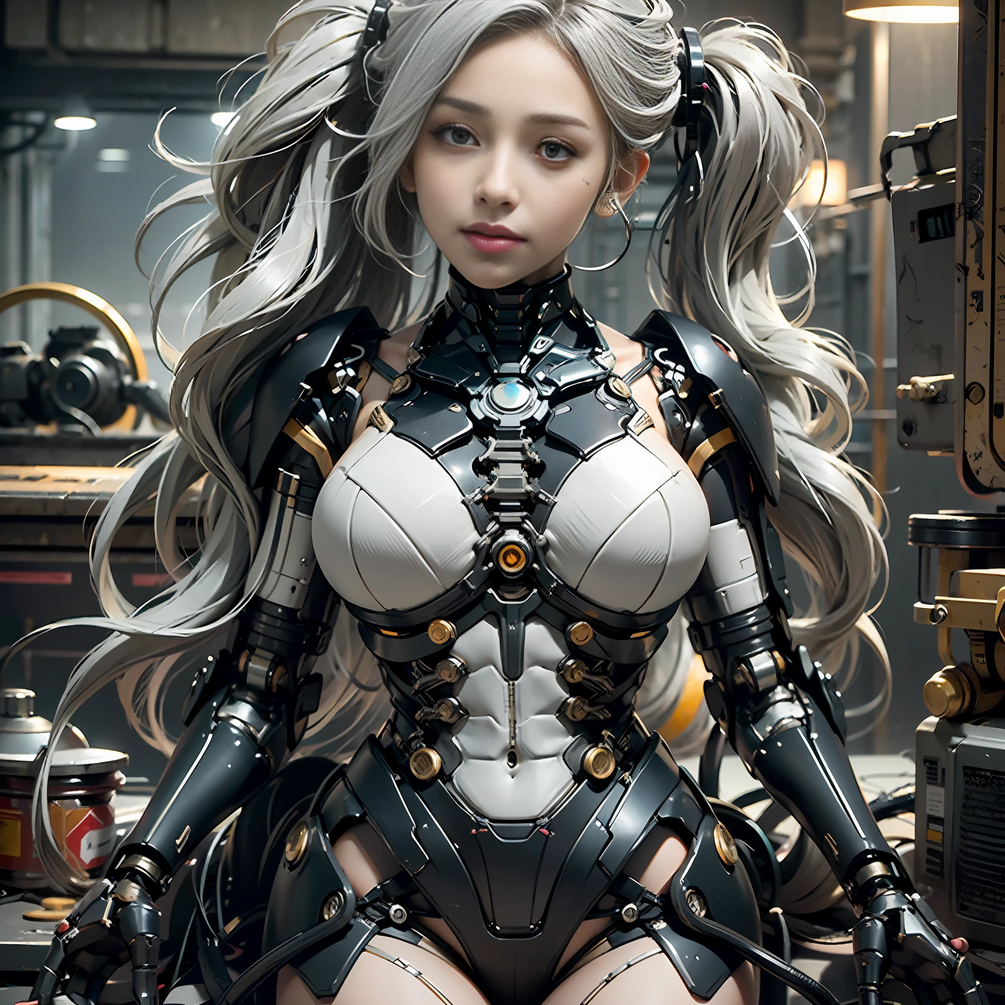 Beautiful Face,face is Japan, 1 Woman, Big, Curvaceous, (16k, RAW photo, top quality, masterpiece: 1.2), (HDR, Realistic, Photorealistic: 1.37) (tube attached to the body), (Bikini Cyborg robot parts)))), (light gray hair), Long hair, Wavy hair, Twin tails, Medium shot, ( Seductive smile)), (black eyes), double eyelids, princess cut, from below, (whole body),posing,,in the lab,( tube connected to blood vessel),((mechanical vertebrae attached to the back)),((mechanical neck attached to the neck)),(wire and cable attached to head and body),(character focus),science fiction,perfect female figure,perfect anatomy, hyperanatomy, full body shot, relationship between up to 4 fingers and 1 thumb, spherical joint,