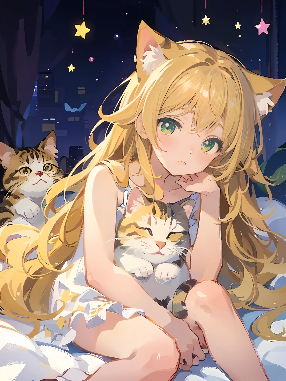 Anime girl with long blonde hair sitting on bed with two cats - SeaArt AI