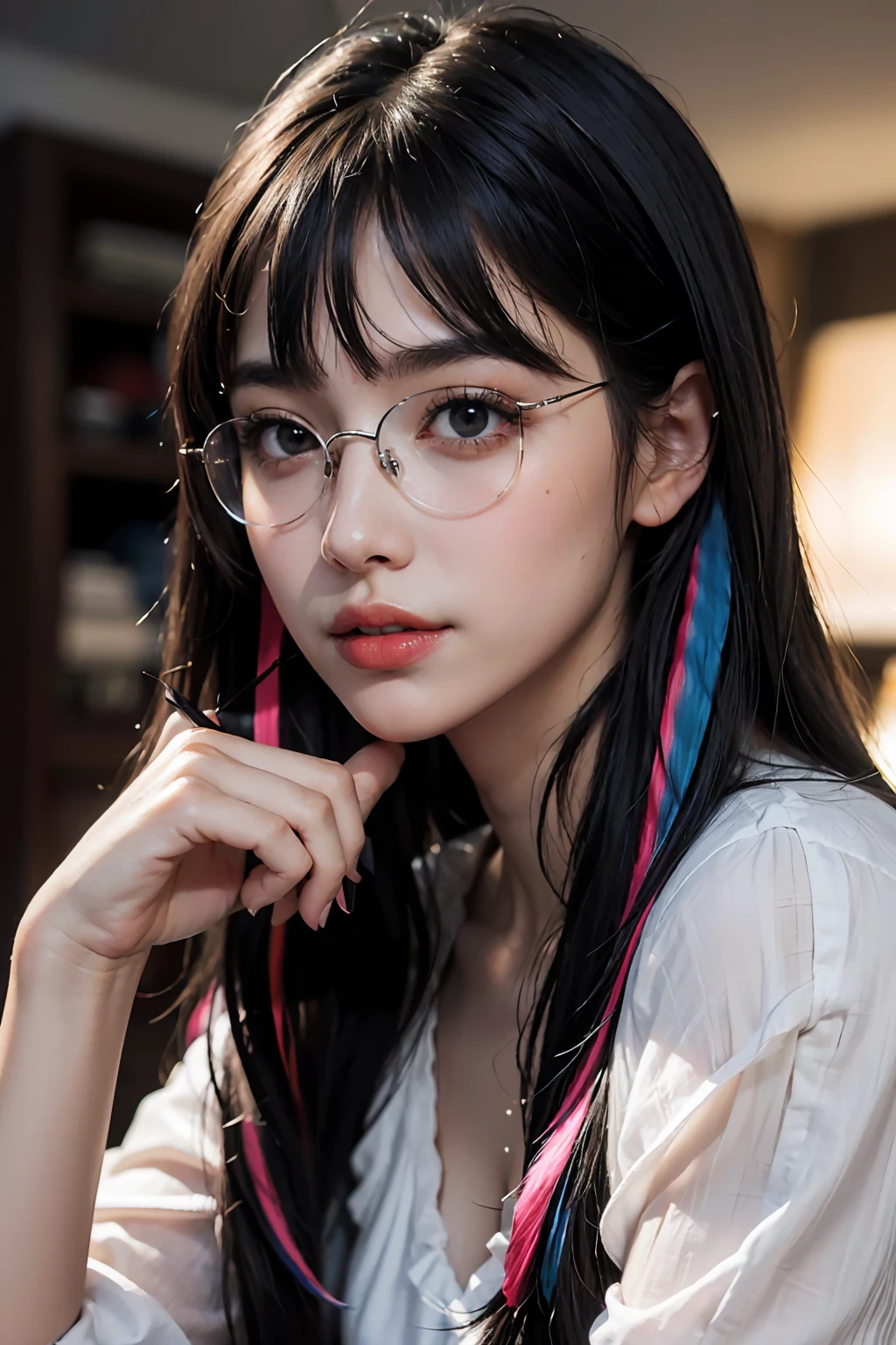 (8k, RAW photos, photorealistic: 1.25), ((((hairs of streaked black))))), (thin lip gloss, thin eyebrows, eyelashes, tear bags, snappy bangs, shiny face, shiny skin, best quality, ultra high resolution, depth of field, chromatic aberration, caustics, wide lighting, natural shading, Kpop idol), glasses, calm, long hair, smile, little devil, in the house, clenched fist, beautiful hands, five fingers, beautiful fingers, right fingers