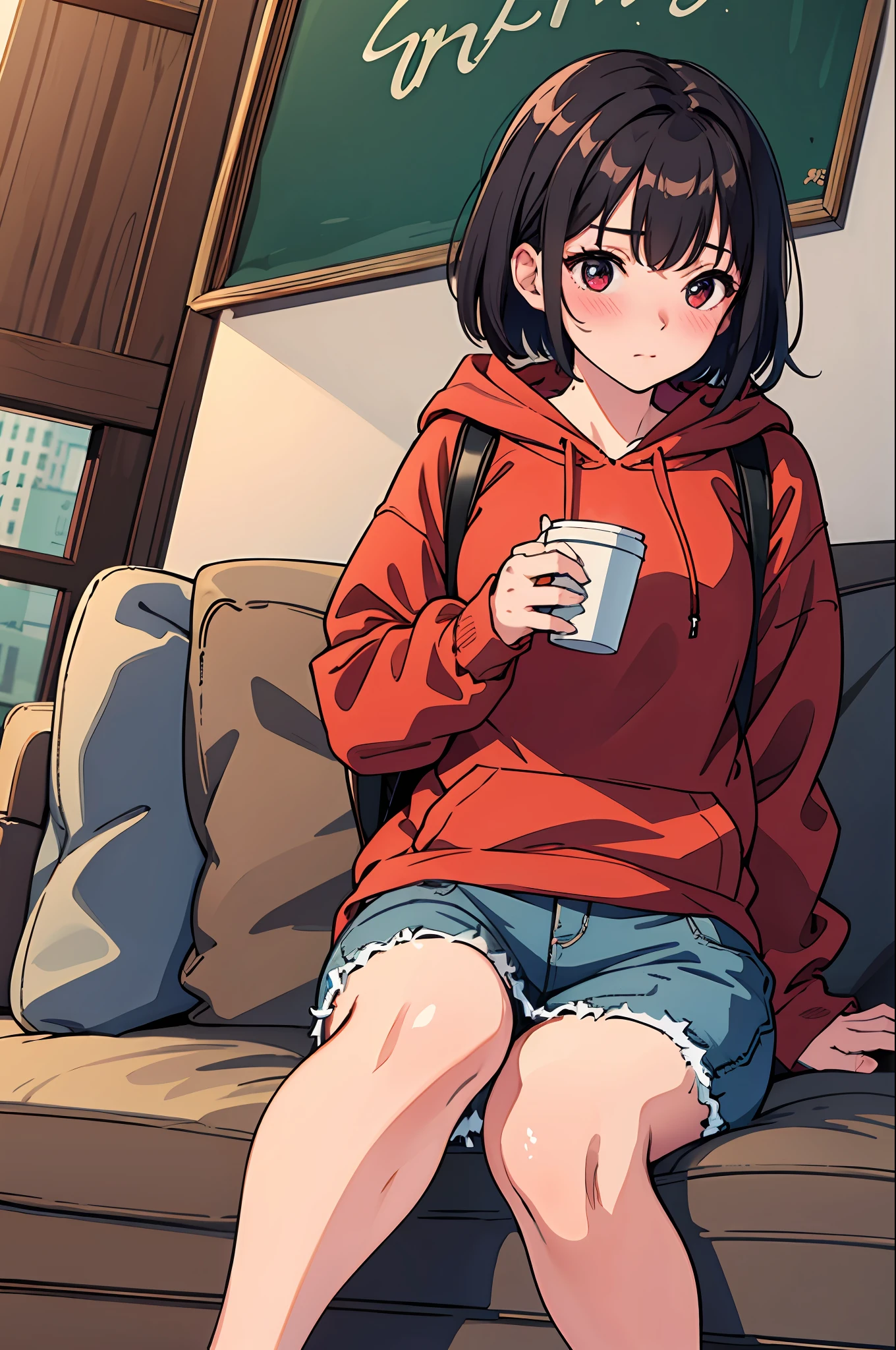 (beautiful and clear background),(Indoor,wall,Sofa,),1girl,   ,fashion,,wear a red hoodie,,Backpack,,Drinking coffee ,,blush,pose,Short hair ,looking to the side,, dutch angle,