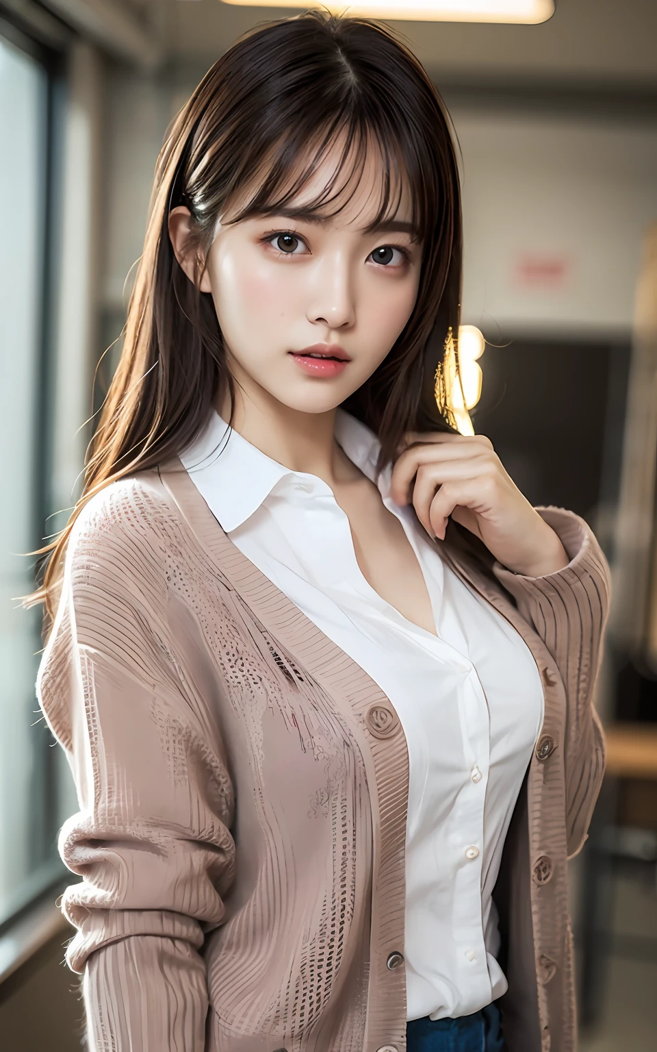 Highly detailed CG Unity 8k wallpaper, top quality, super detailed, masterpiece, realistic, photo realistic, very detailed cute girl, 25 years old, blush,, round eyes, medium breasts, looking viewer, half body shot , collared shirt, cardigan , office ,