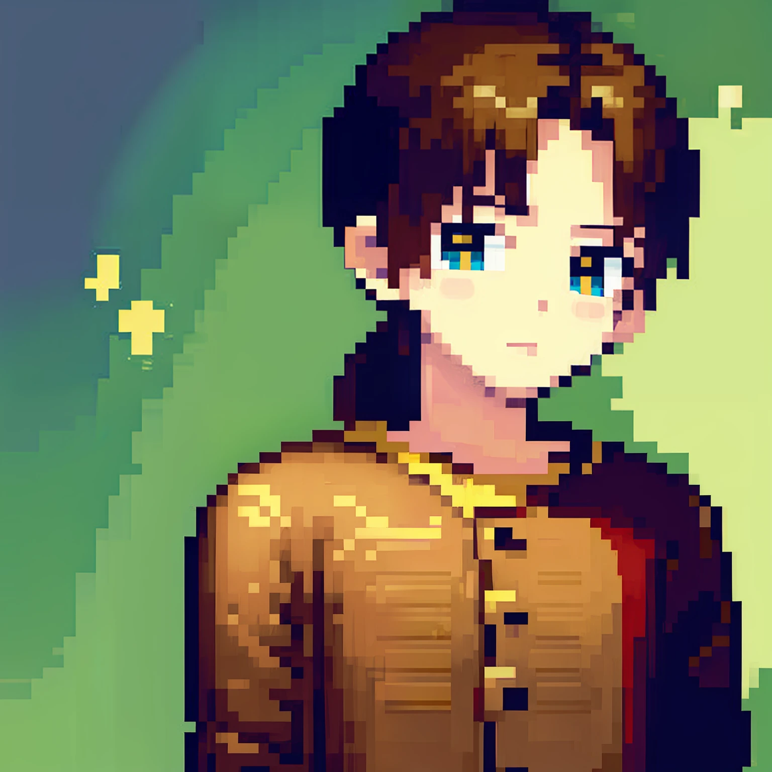 Young boy, reddish brown hair, The shirt has yellow buttons., smooth hair, portrait, ponytail, peaceful, green eyes.