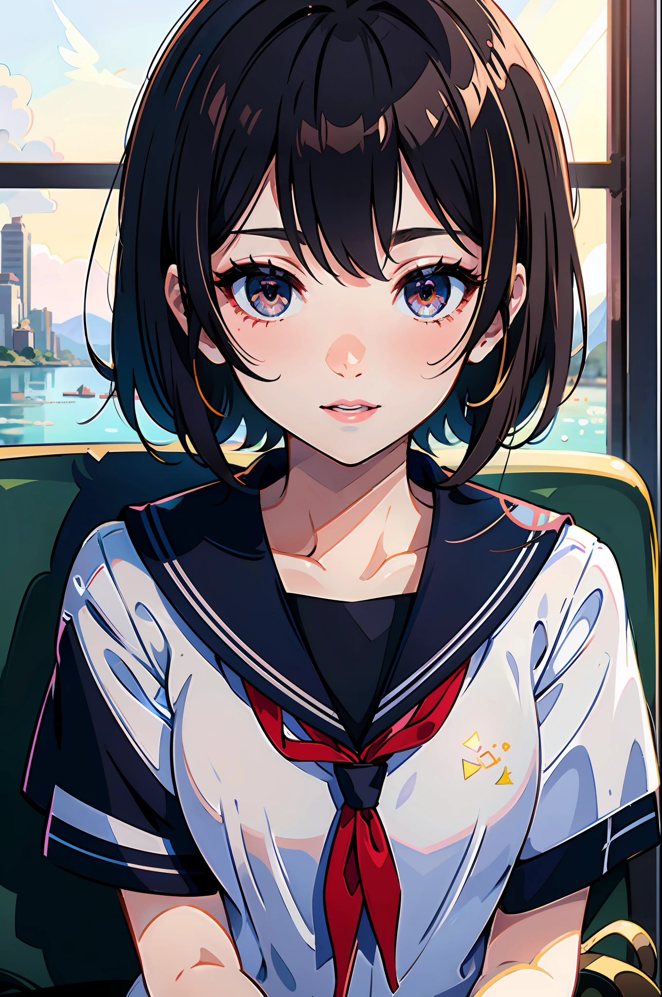 (extremely detailed CG unity 8k wallpaper, masterpiece, best quality, ultra-detailed), (best illumination, best shadow, an extremely delicate and beautiful) asuka, a bright smile on her face. She sits comfortably in her immaculate sailor school uniform, with a black short-cropped hair that frames her beautiful face perfectly. Her black eyes shimmer with delight as she proudly flaunts her navy sailor collar in the air.