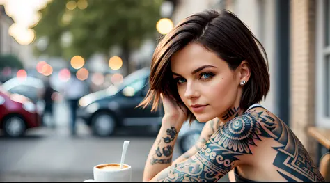 Gorgeous French female having coffee outside on the side of the street at a little cafe, beautiful face, short black hair with blue eyes and heavy eye shadow, European downtown city, blurred background, shallow depth of field, cinematic light, soft light, ...