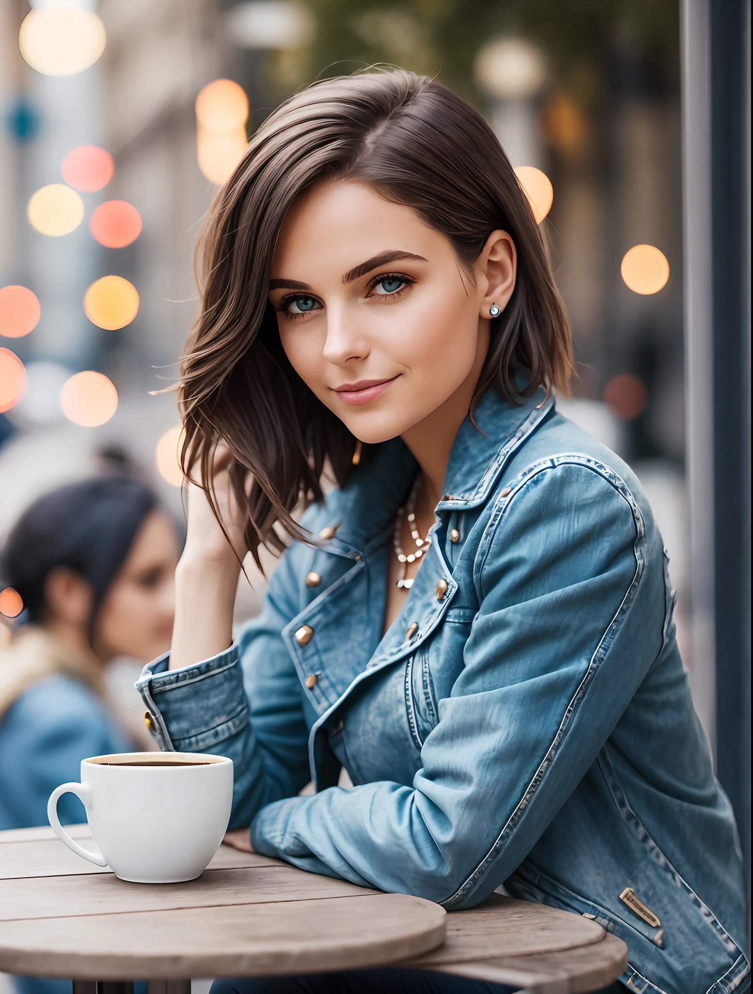 Gorgeous French female sitting and having coffee outside on the side of the street at a little cafe, beautiful face, short black hair with blue eyes and heavy eye shadow, wearing beautiful and eligant clothing, great fashion style, looking at you with loving eyes and a soft smile, background is a European downtown city, blurred background, shallow depth of field, cinematic light, soft light, backlit, micro-details, photorealism, photorealistic, cinematic, 85mm 1.4