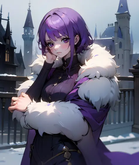 1girl, purple hair, short hair, bangs, eyes covered by hair, tired, sad, depressed, emotionless, cold, purple clothes, castle, pale skin