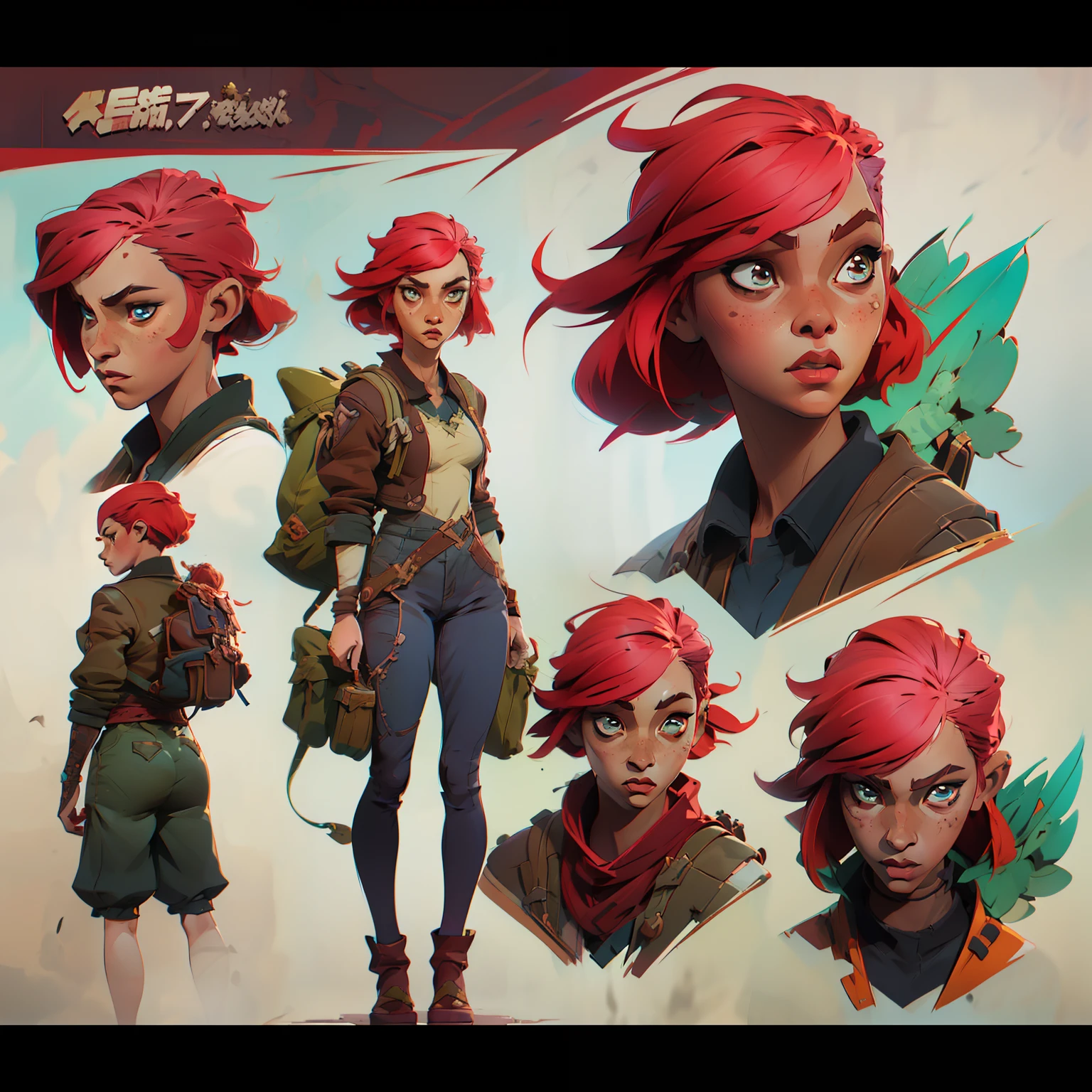 Anime - Woman Style with Red Hair and a Backpack and a Gun, Cushart Krenz Key Female Art, Official Character Art, Awesome Character Art, Detailed Anime Character Art, ( ( Character Concept Art ), Cushart Krenz, Cushart Kenz, Anime Character Art, Great Character Design, Exquisite Epic Character Art, High Quality Character Design,  Detailed character art, full body