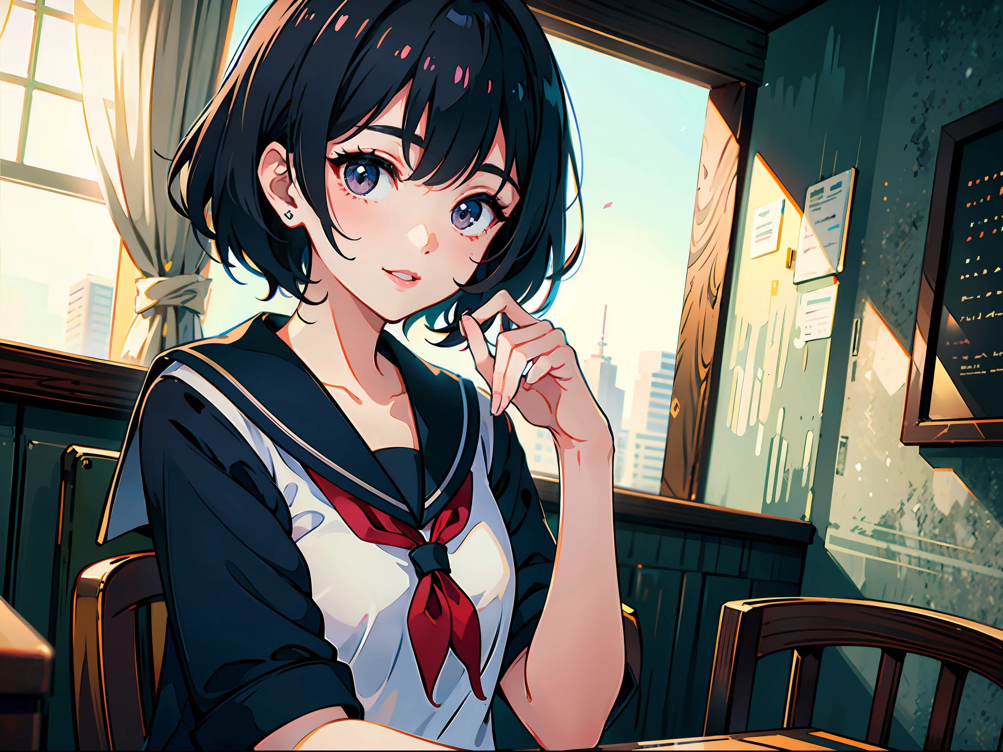 (extremely detailed CG unity 8k wallpaper, masterpiece, best quality, ultra-detailed), (best illumination, best shadow, an extremely delicate and beautiful) asuka, a bright smile on her face. She sits comfortably in her immaculate sailor school uniform, with a black short-cropped hair that frames her beautiful face perfectly. Her black eyes shimmer with delight as she proudly flaunts her navy sailor collar in the air.