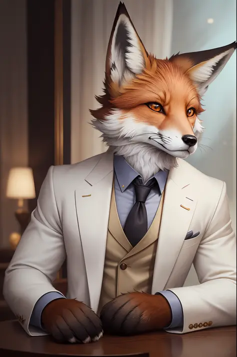 There is a fox sitting at the table in a suit, an anthropomorphic fox, an anthropomorphic fox, a tonic for a fox, a portrait of a human fox, an anthropomorphic furry art, a well-behaved, dignified aristocrat, a gentleman, an epic portrait of elegance, a hi...