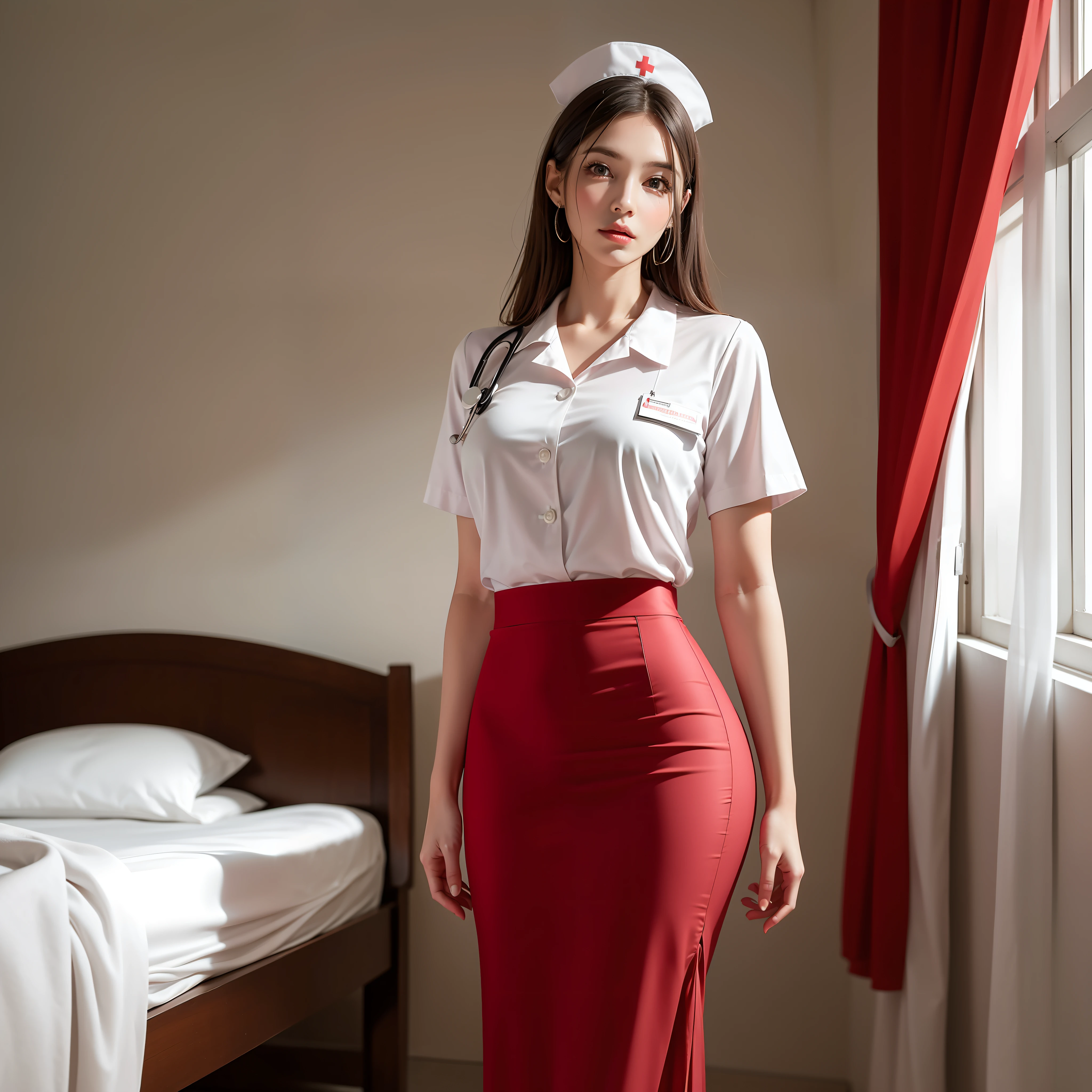 infirmary, curtains, 1girl, masterpiece, best quality, highly detailed, she is wearing a white blouse and Red Long skirt. (((She is a nurse))). Realistic beautiful face and body, beautiful and elegant women, realistic human skin tone, human skin colour, masterpiece, very much peaceful mood