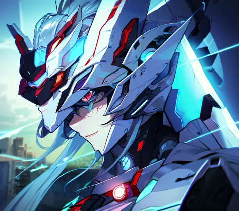 anime character with futuristic head and blue eyes in front of a city, robot mecha female dragon head, sleek mecha female dragon...