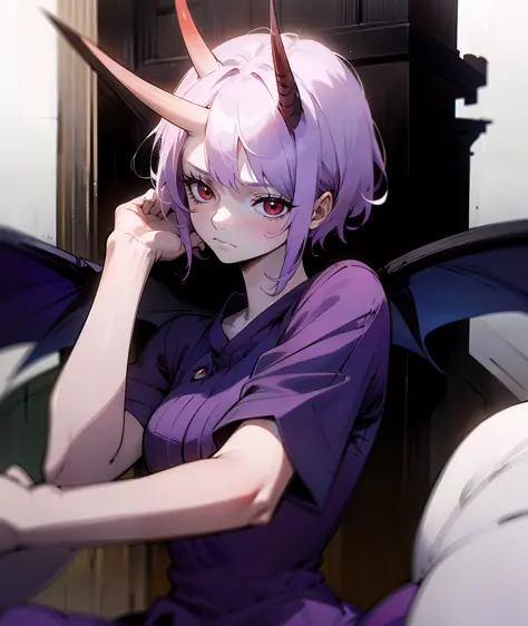 1girl, purple hair, short hair, bangs, eyes covered by hair, one horn, demon eyes, red eyes, scary eyes, tired, sad, depressed, emotionless, cold, purple clothes, castle, pale skin