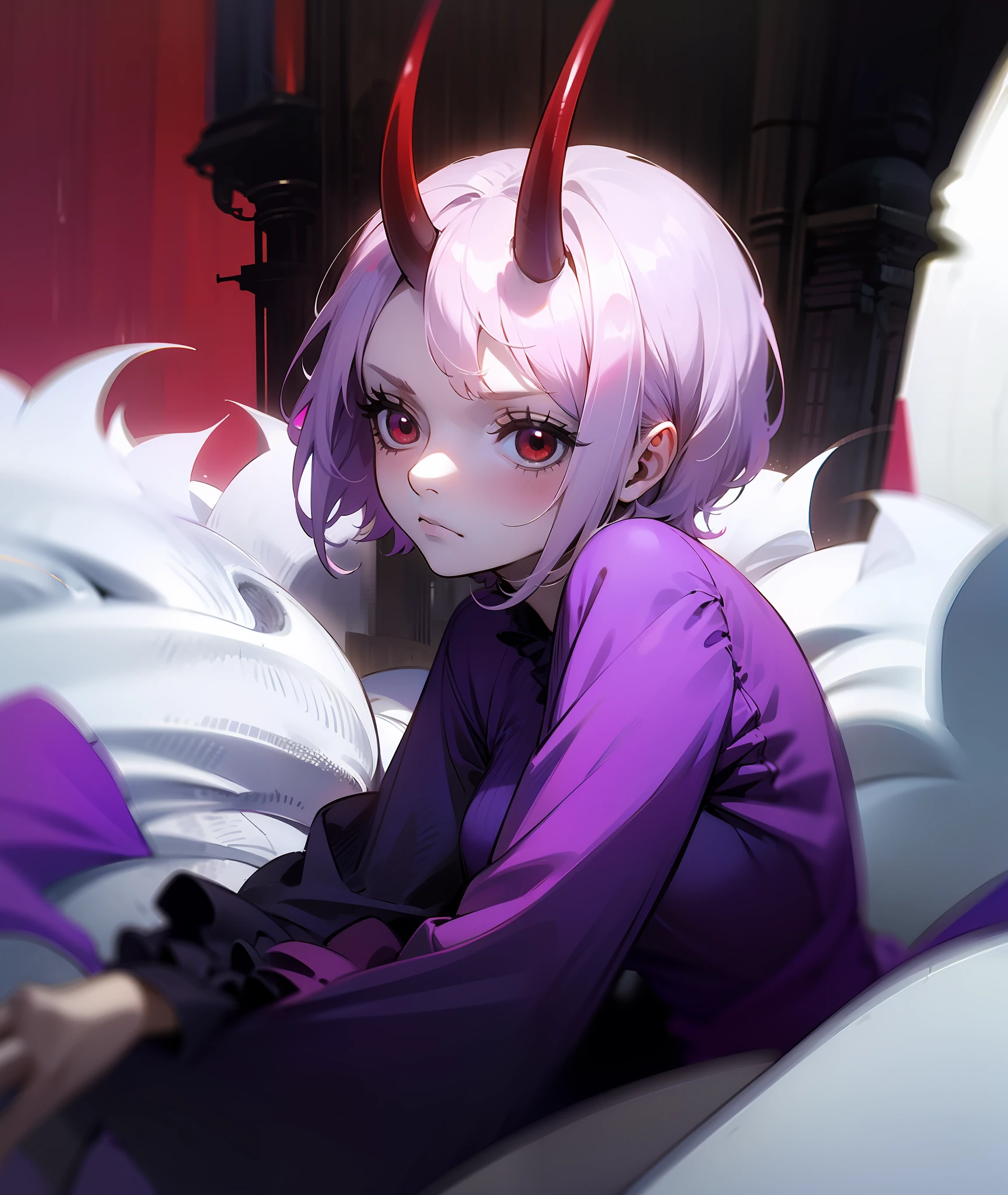 1girl, purple hair, short hair, bangs, eyes covered by hair, one horn, demon eyes, red eyes, scary eyes, tired, sad, depressed, emotionless, cold, purple clothes, castle, pale skin