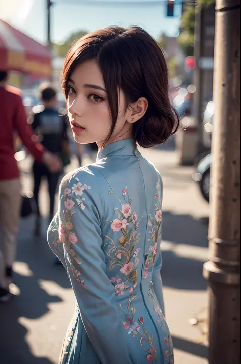 a beautiful girl in vintage colors aodai , masterpiece, best quality, realistic:1.3, street, cyberpunk, sunlight, backlighting, ...