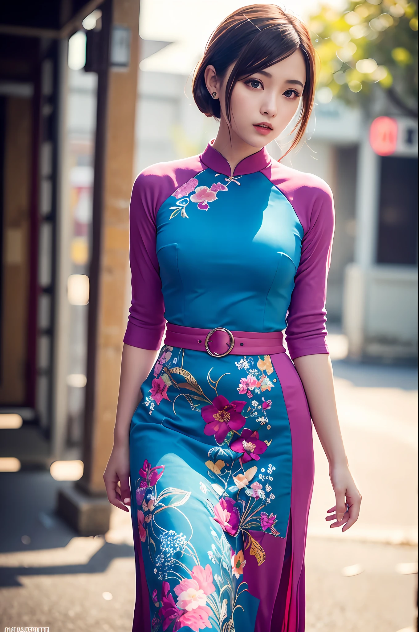 a beautiful girl in vintage colors aodai , masterpiece, best quality, realistic:1.3, street, cyberpunk, sunlight, backlighting, artstation, intricate details, vignette