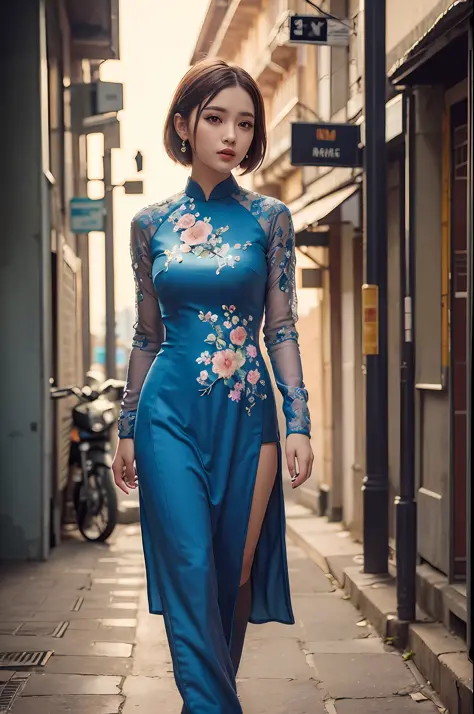 a beautiful girl in vintage colors aodai , masterpiece, best quality, realistic:1.3, street, cyberpunk, sunlight, backlighting, ...