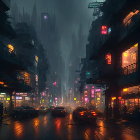 there is a city street with a lot of tall buildings, rainy cyberpunk city, digital concept art of dystopian, sci-fi cyberpunk city street, hyper realistic cyberpunk city, cyberpunk cityscape, cyberpunk city street, hyper-realistic cyberpunk style, dystopia...