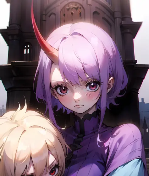 1girl, purple hair, short hair, bangs, eyes covered by hair, one horn, demon eyes, red eyes, scary eyes, tired, sad, depressed, emotionless, cold, purple clothes, castle, pale skin