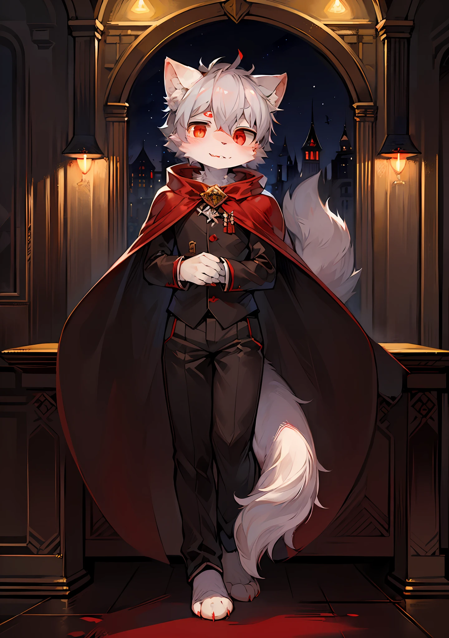 (dark environment:0.8),masterpiece, high quality, absurd res, digital painting \(artwork\), by dagasi, yupa,kiyosan,(anthro,fluffy fur,character focus:1.1),anthro male cat,short hair,portrait, bright eyes,panorama,character focus.(detailed background:0.7),solo,furry,furry male ,male focus,anthr,(Full body fur, fluffy tail, white fur,red eyes,gray hair:1.2),(long canines,vampire, cape:1.2),(interior,night, castle, coffin:1.1)
