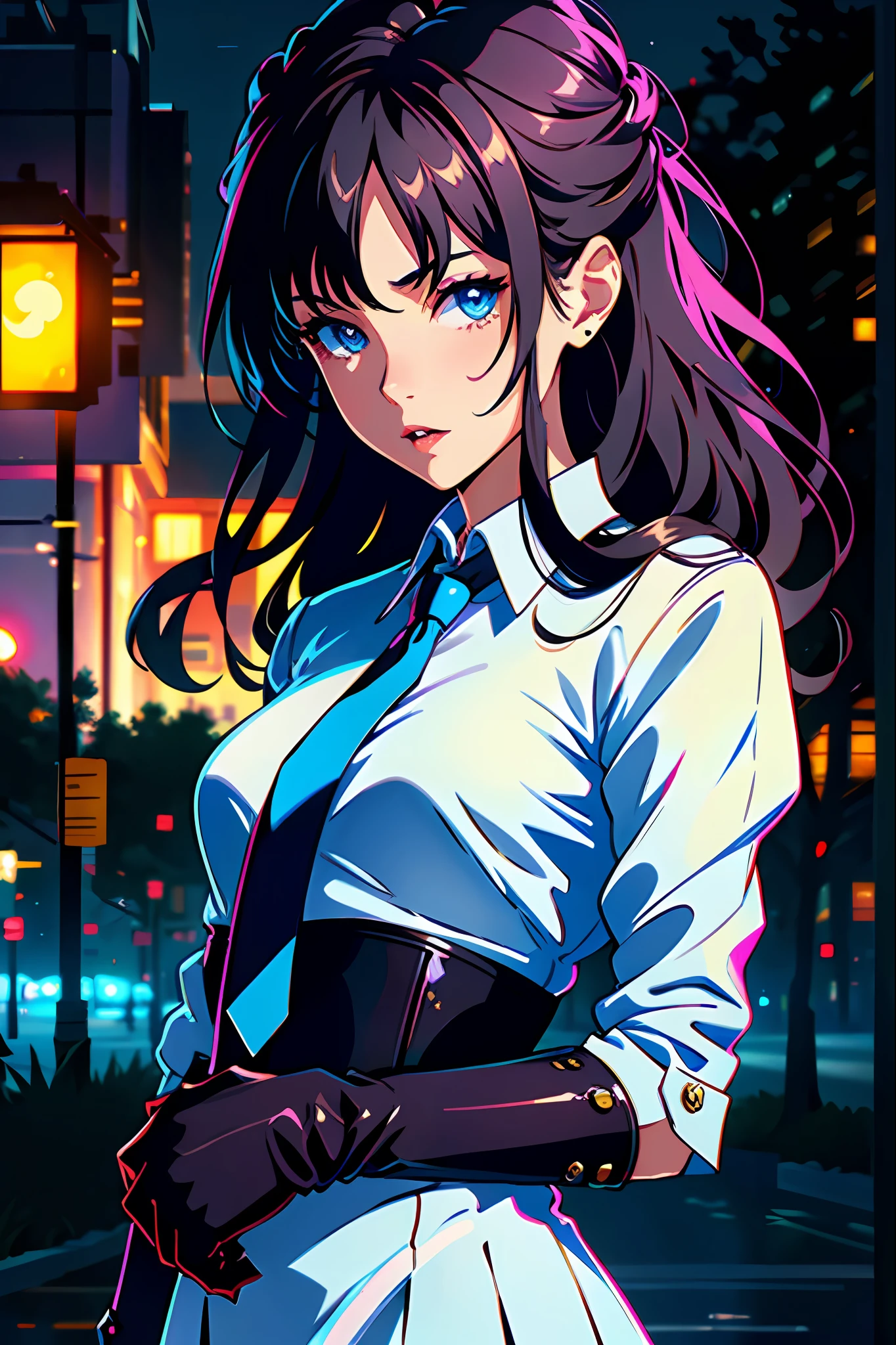 ((obra-prima)),(ilustração),((melhor qualidade)),Very Detailed, CEO, (Nightclub Background: 1.5) (1person: 1.3) beautiful tomboy woman, straight hair, wearing a black suit, short straight black hair pulled back, grey eyes, light skin, neon lights, relaxed, androgynous.