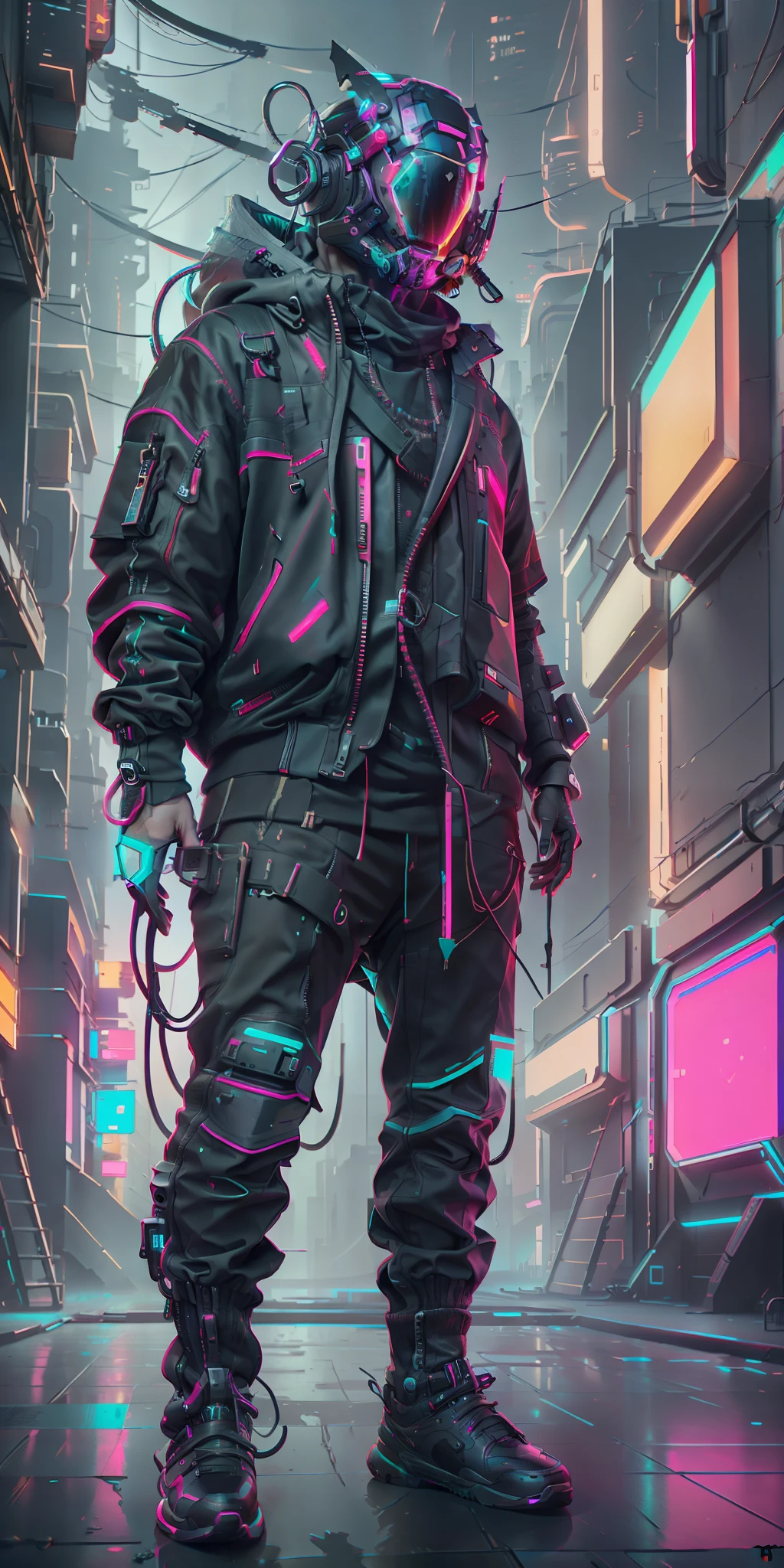 (masterpiece, full-body shot, intrincate raw photography)cyberpunk citizen in oversize techwear, using a black  astro daftpunk style helmet, neon light details, intrincate, futuristic, sharpness, ramdom pose, cyberpunk city, street neon lights, insta pic, photo of the year, octane render, substance, maya 3d, cinema4d, artstation trending, devian art trend,