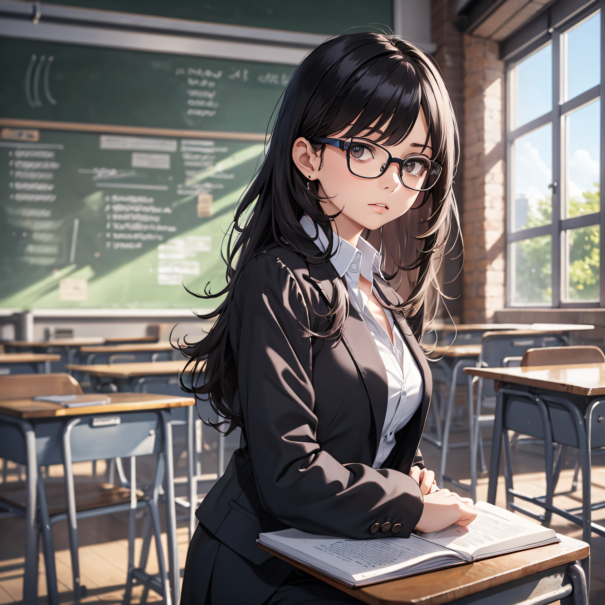 Anime girl in glasses sitting at a desk with a notebook - SeaArt AI