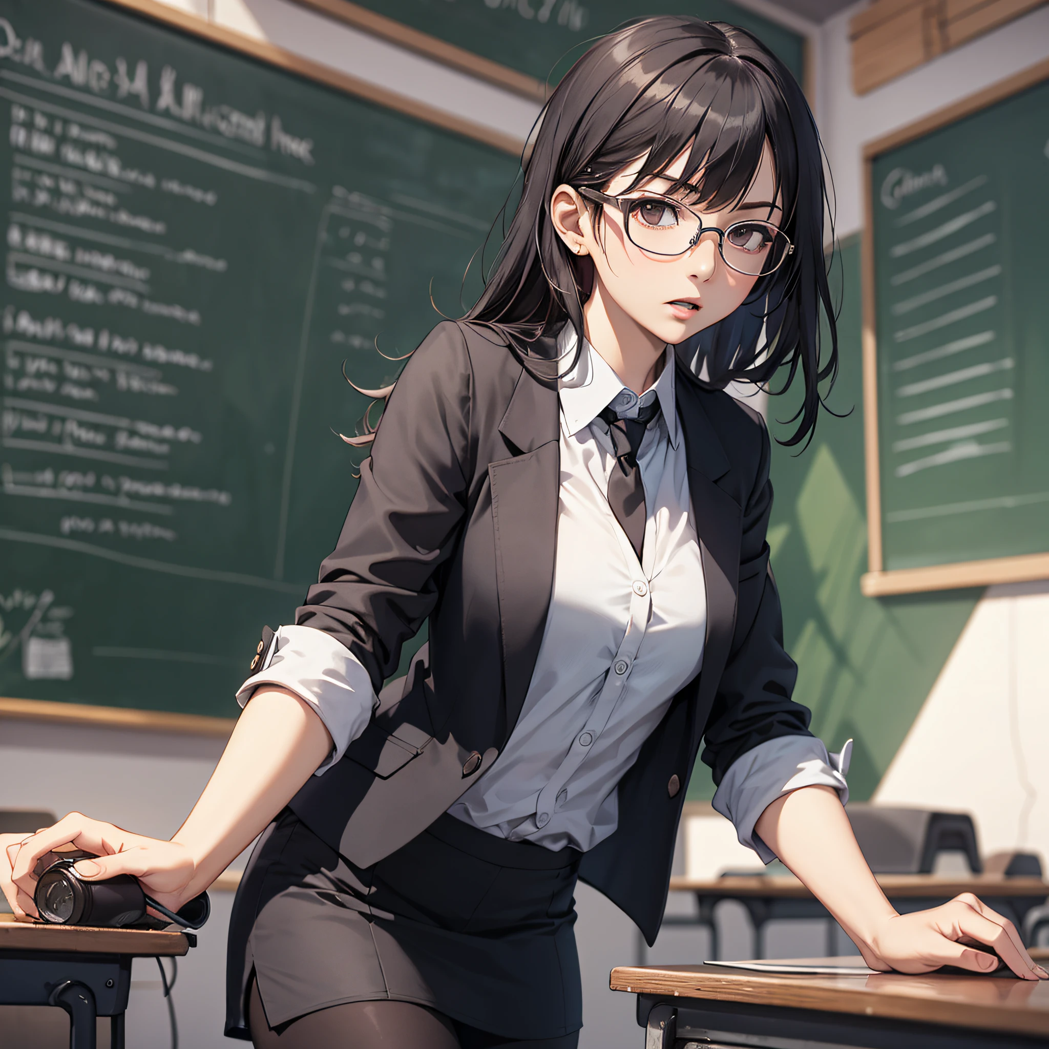 Anime girl in glasses leaning on a desk in a classroom - SeaArt AI