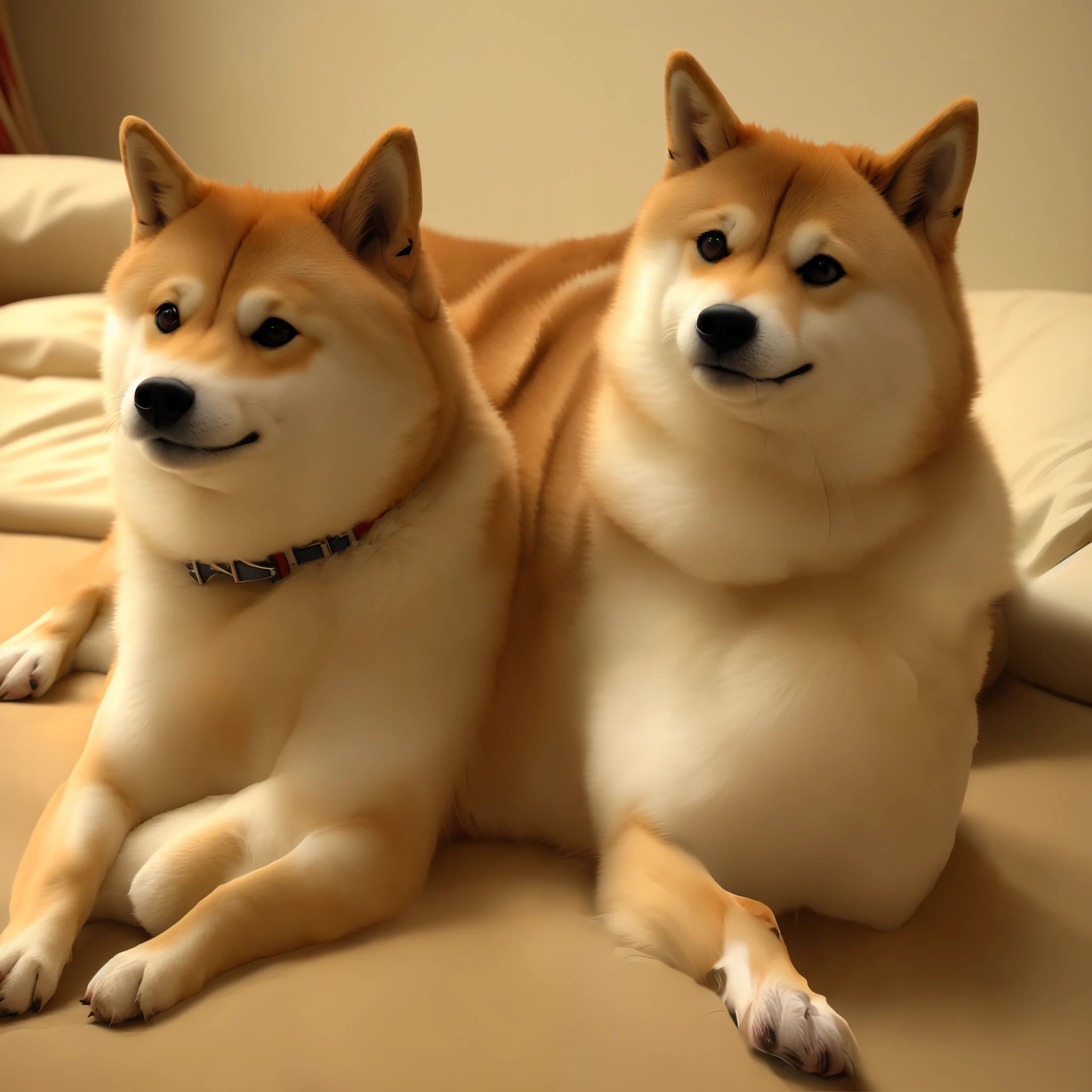 [((((Buffsworedoge)))): Professional photo of Buffswoledoge: 8], grinning, dog body, lying in bed, cinematic dramatic light, smooth transition, bokeh