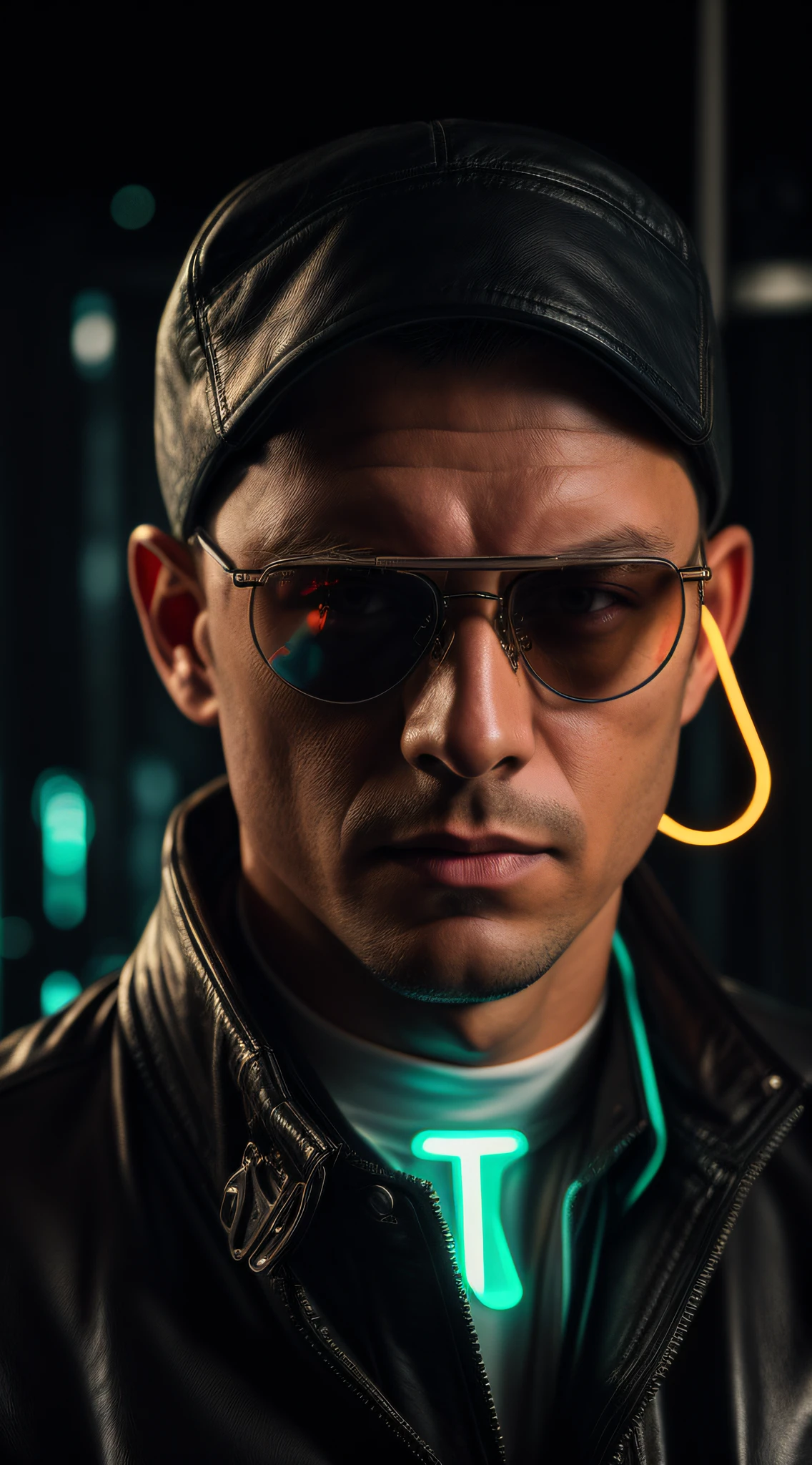 ((1 white man)), ((white man with long old brown leather jacket with raised collar, white shirt and large rapper necklace)), ((laboratory with many machines and glass parts)), (facing camera), (furrowed brow), (cyberpunk), (very short shaved hair), ((hairband)), ((aviator glasses over head)), (skin pores), (ultra-detailed oily skin), exquisite room,  dark shadows, (high detail++), cinematic lighting, photorealistic texture, (highly detailed, intricately detailed), (neon lighting: 1.2), atmospheric perspective, Raytrace, Caustics, Bokeh, (masterpiece), UHD, super detail, sharp focus++, (from below), (subsurface scattering), (strong blue retrolight), desaturated, soft colors, RAW photo, subject, (high detailed skin:1.2), 8k uhd, dslr, soft lighting, high quality, film grain, Fujifilm XT3